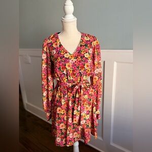 Aura Floral V-Neck Long Sleeve Midi Dress in Pink and Yellow